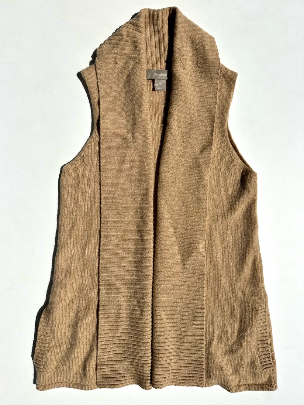 ply cashmere 100% Cashmere Sleeveless Open-Front Knit Vest Cardigan - Tan, M
